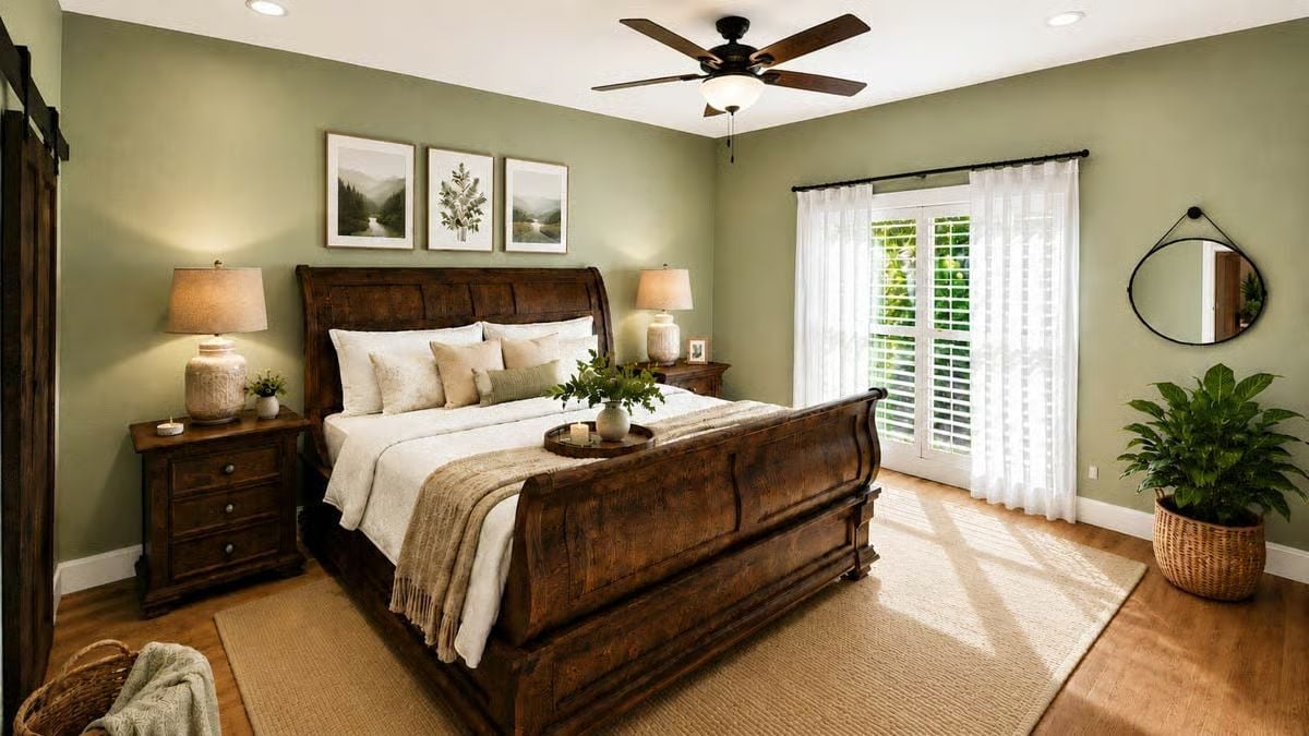 Rich Walnut Sleigh Bed Against Sage Walls That Actually Work Together