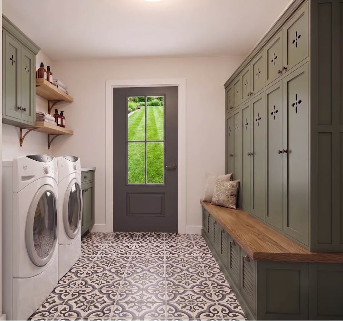 Sage Cabinets, Patterned Tile, and a Mudroom That Actually Does the Work