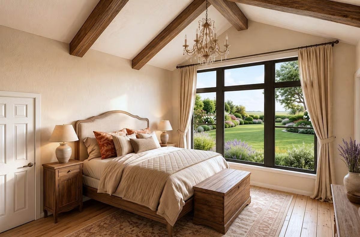 Vaulted Beams, Garden Views, and a Chandelier That Earns Its Place