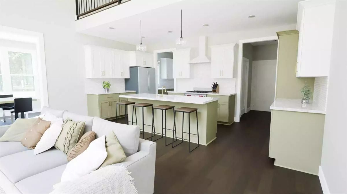 Sage Lower Cabinets Against White Uppers Pull This Open-Plan Kitchen Together