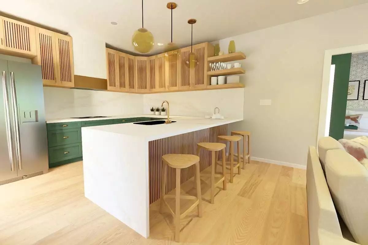 Green Lower Cabinets Pull Focus While the Island Does the Real Work