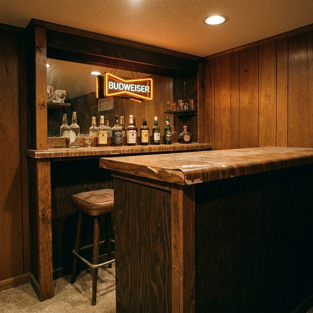 The Built-In Bar With the Mirrored Backsplash and the Stained Wood Trim