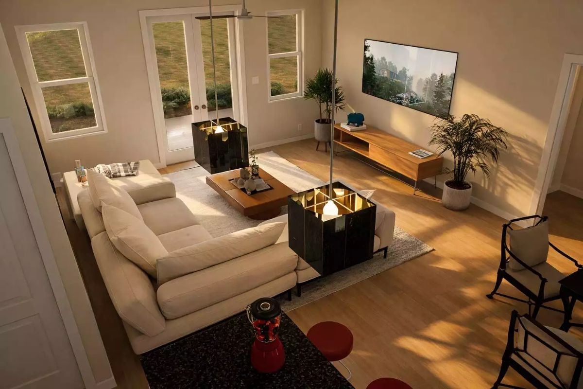 Warm Hardwood, a Low-Slung Sofa, and Two Pendant Lights Worth Talking About