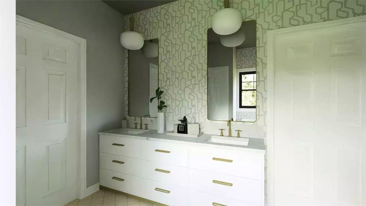 Tall Mirrors, Gold Hardware, and Wallpaper That Knows Exactly Where to Stop