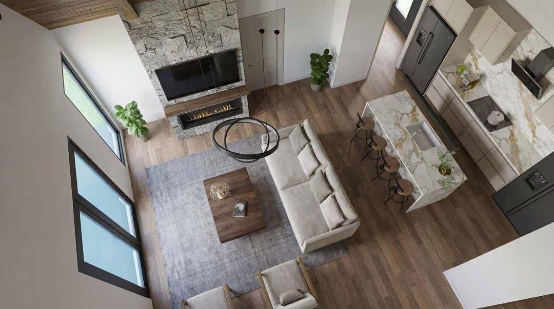 Overhead View Reveals How the Stone Wall Pulls Living Room and Kitchen Into One Story