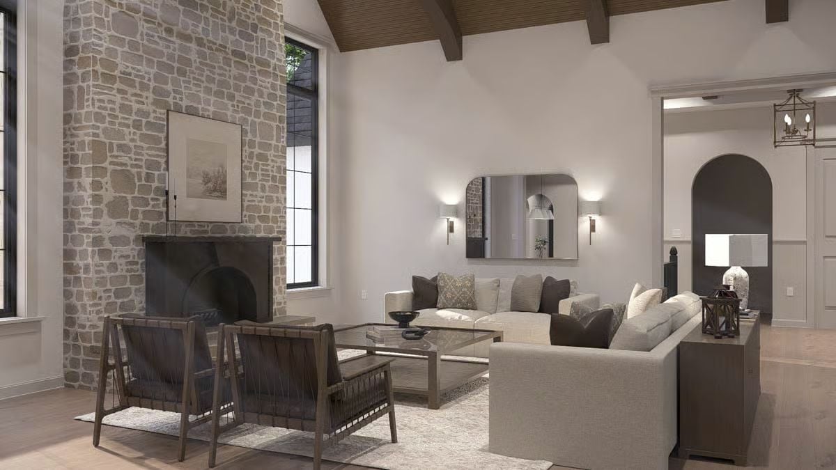 Stacked Stone Fireplace Wall Earns Every Inch of That Vaulted Ceiling