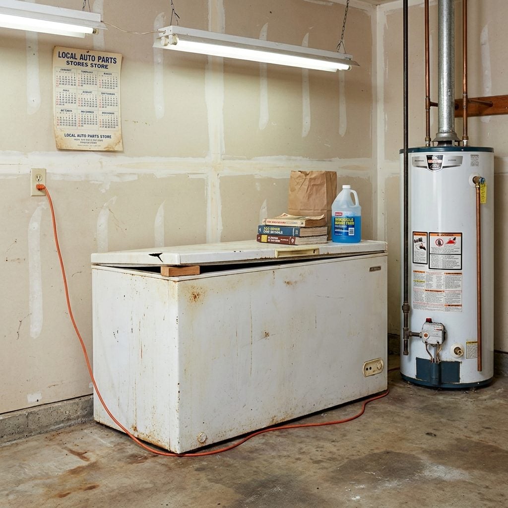 The Chest Freezer Plugged In Next to the Water Heater