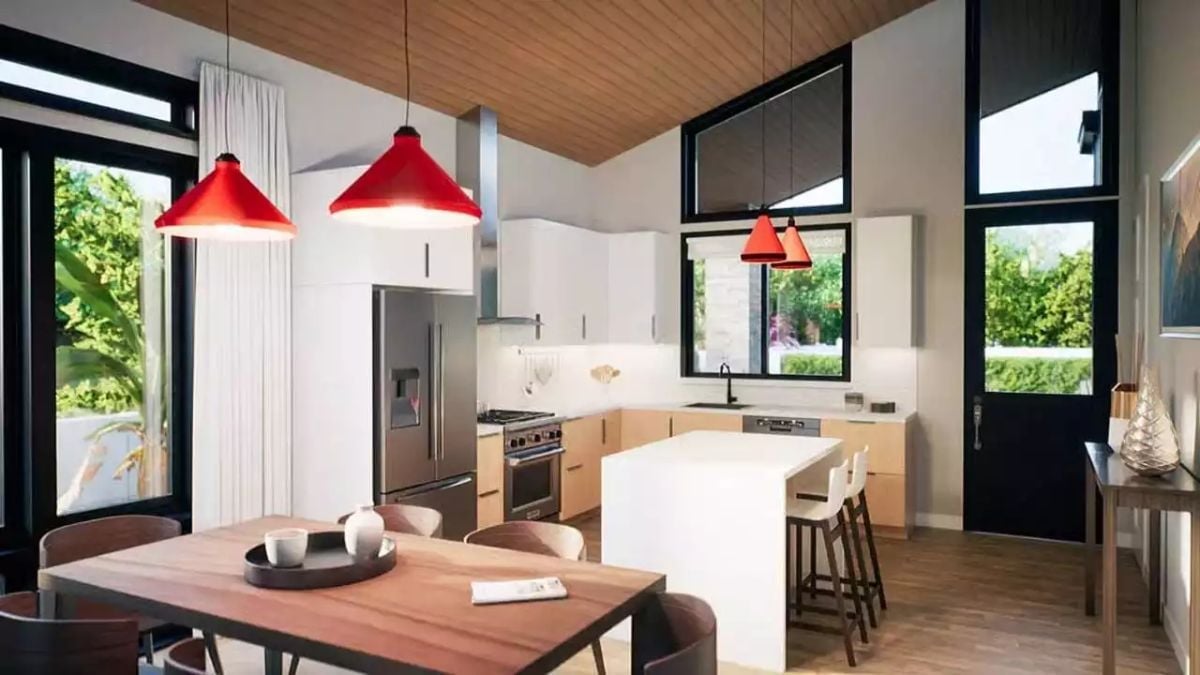 Red Pendants, Warm Wood Ceiling, and a Kitchen Island Worth Gathering Around