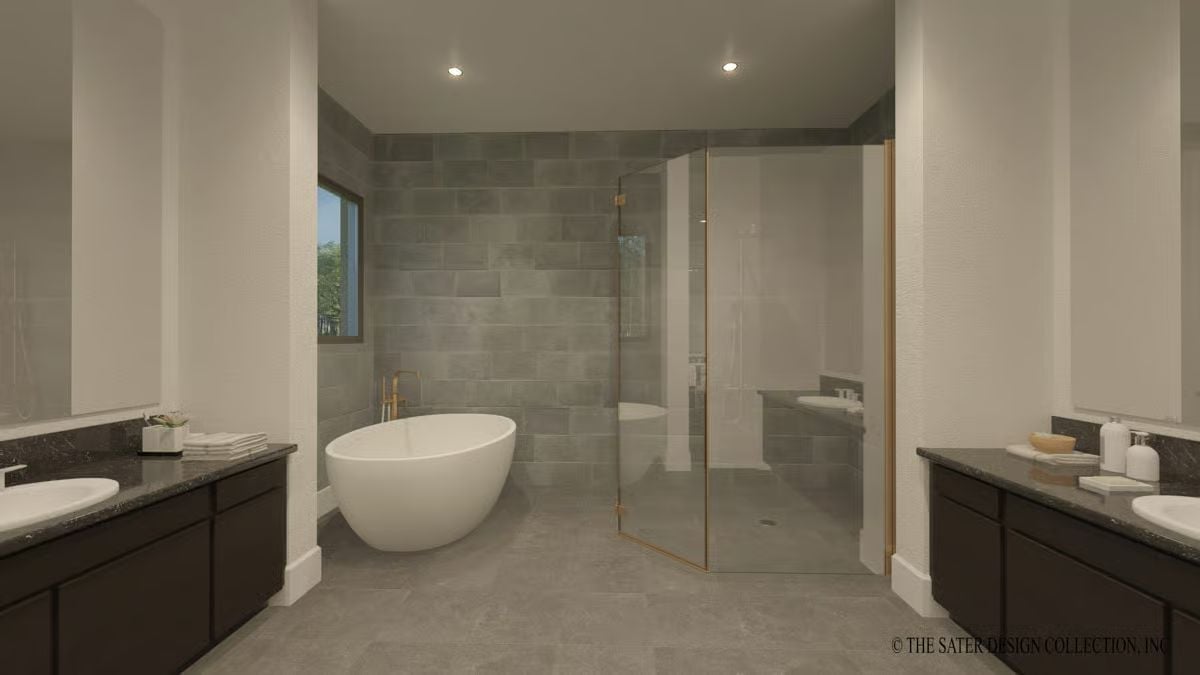 Freestanding Tub Anchors a Master Bath Built Around Two Separate Vanities