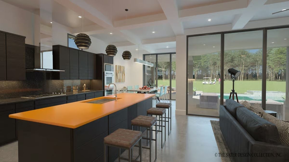 Orange Island Countertop Pulls Every Eye Across a Dark Kitchen