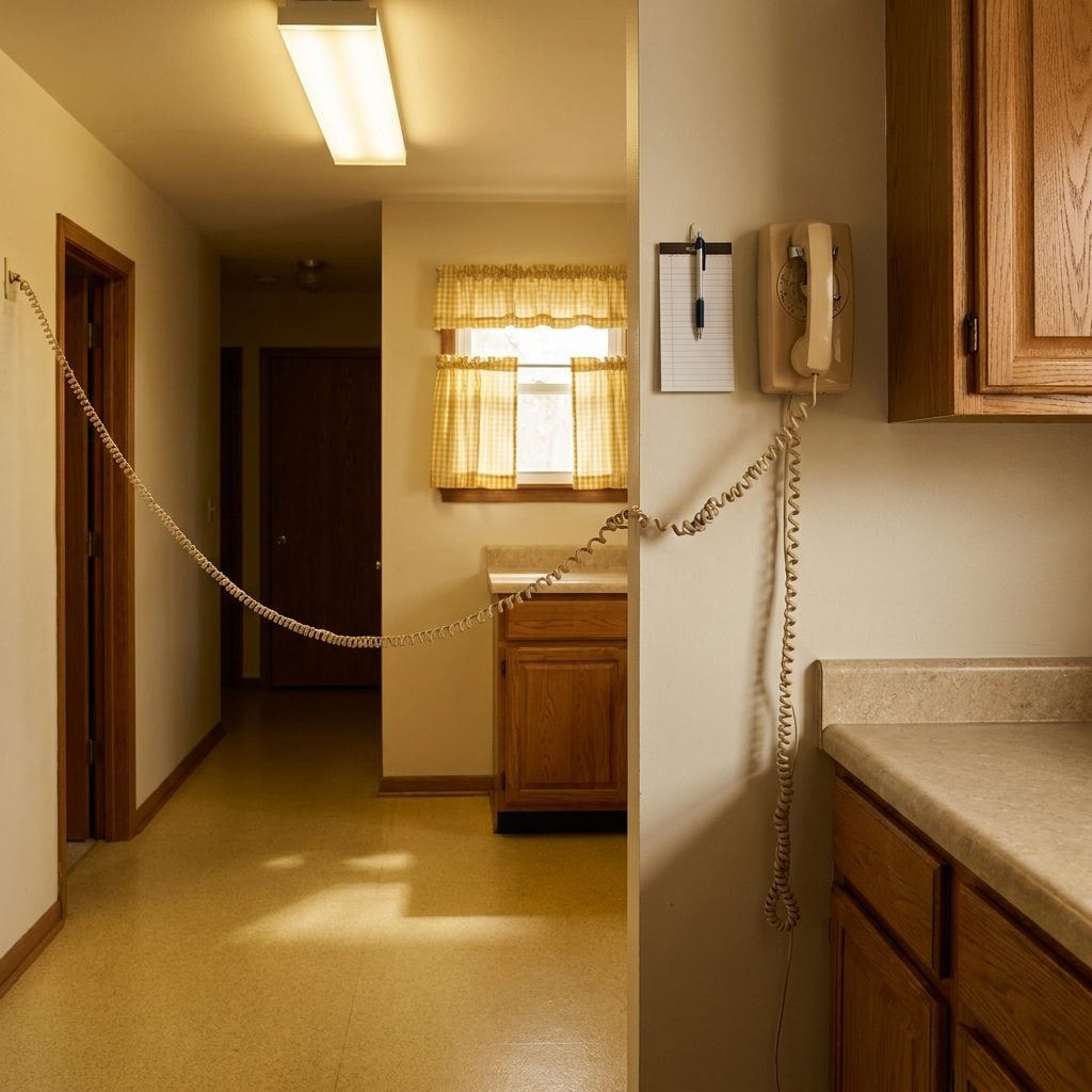 The Coiled Phone Cord Stretched to Its Absolute Physical Limit From Kitchen to Hallway