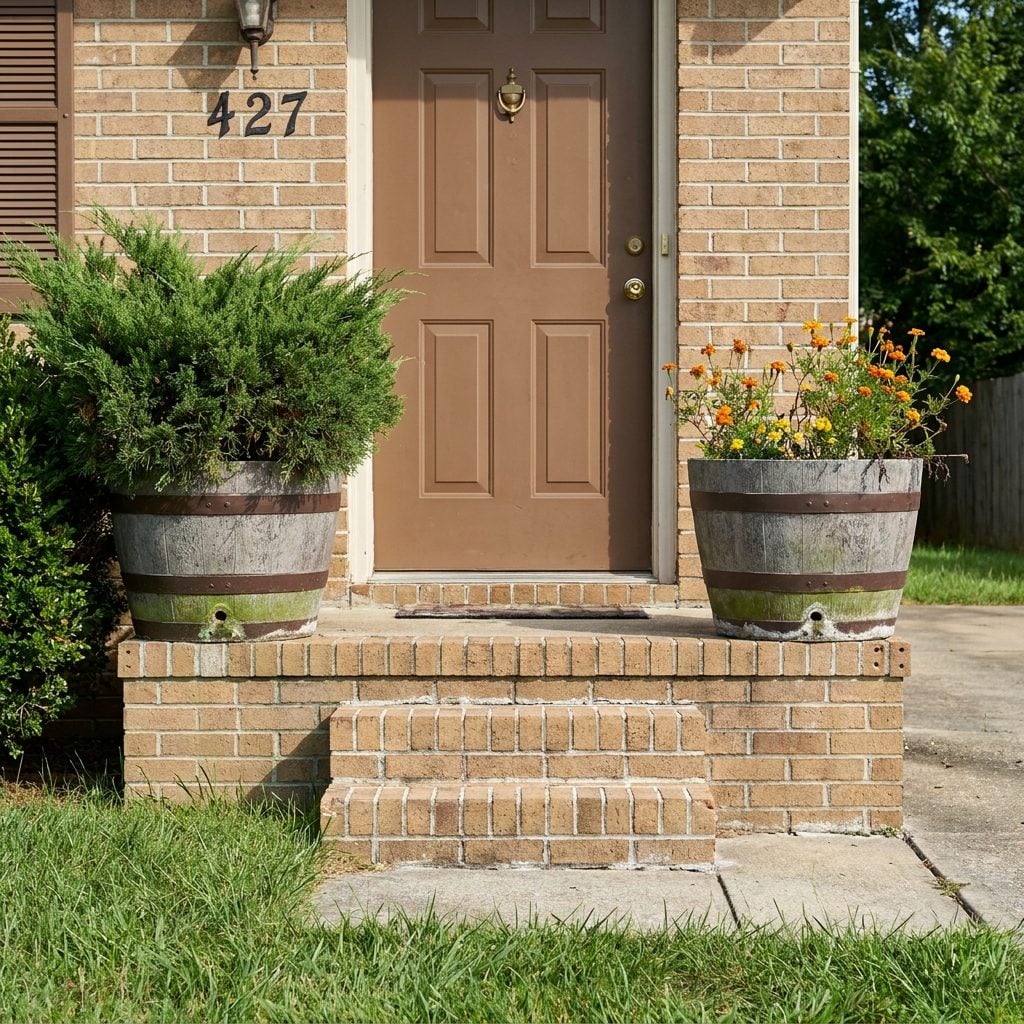 The Concrete Planter Shaped Like a Half-Barrel Flanking the Stoop