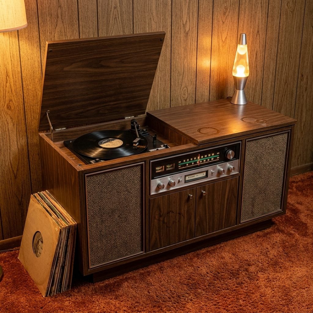 The Console Stereo System With the Turntable Under a Hinged Lid