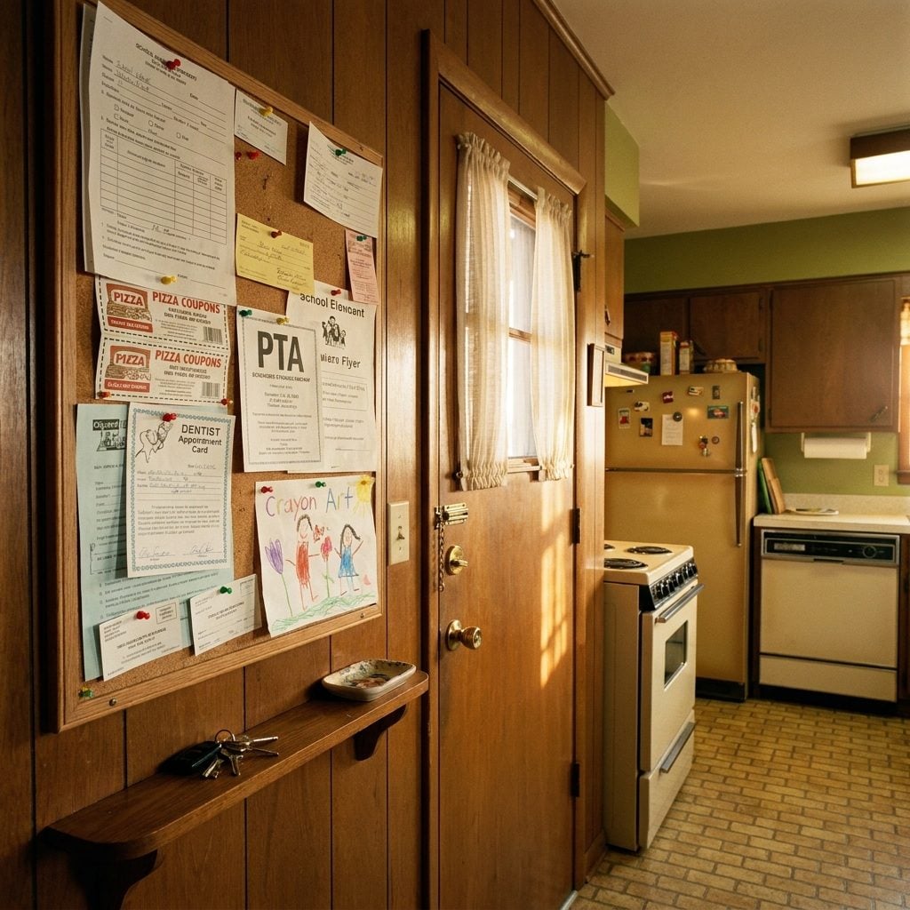 The Corkboard by the Back Door Layered Three Months Deep with Permission Slips and Pizza Coupons