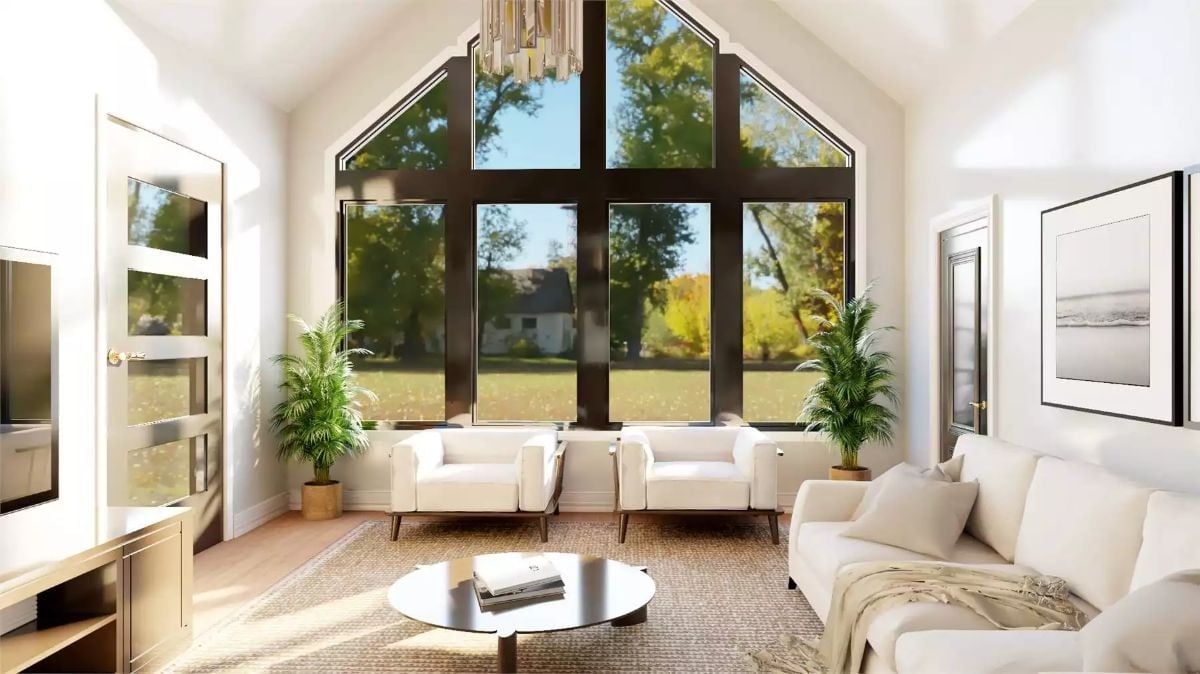 Vaulted Ceilings and Floor-to-Ceiling Glass Make This Living Room Hard to Leave