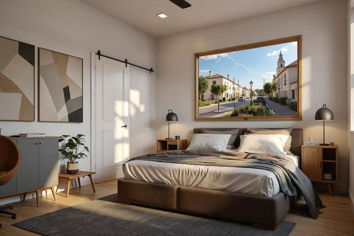Barn Door, Framed Street View, and Lamps That Actually Belong in This Room