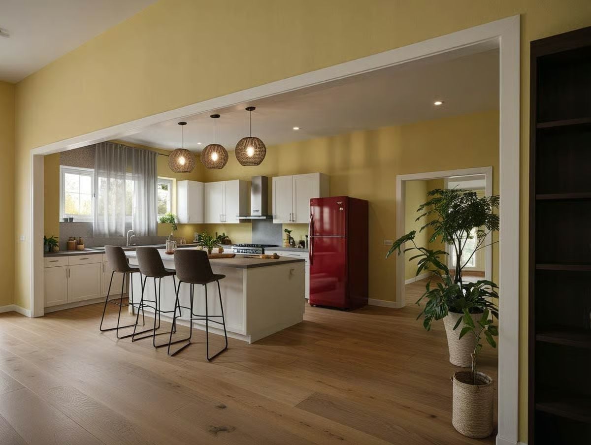 Bold Red Refrigerator, Rattan Pendants, and Yellow Walls That Actually Work