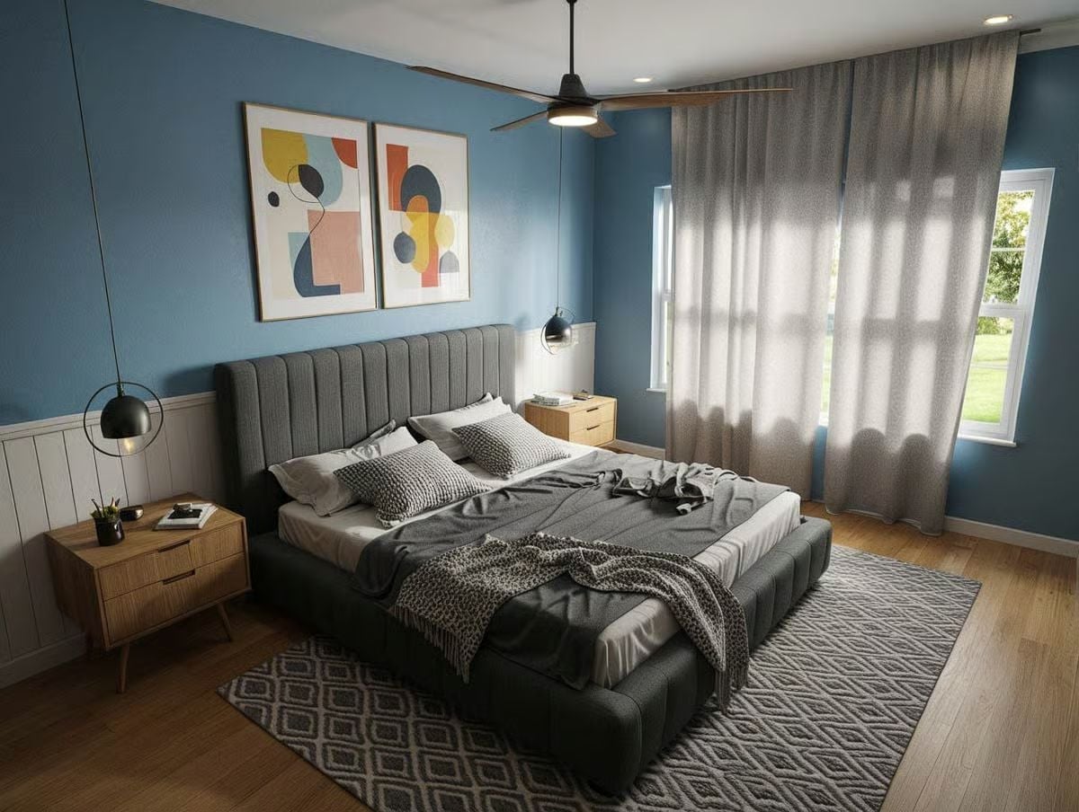 Channeled Headboard, Blue Walls, and Pendant Lights Worth Stealing