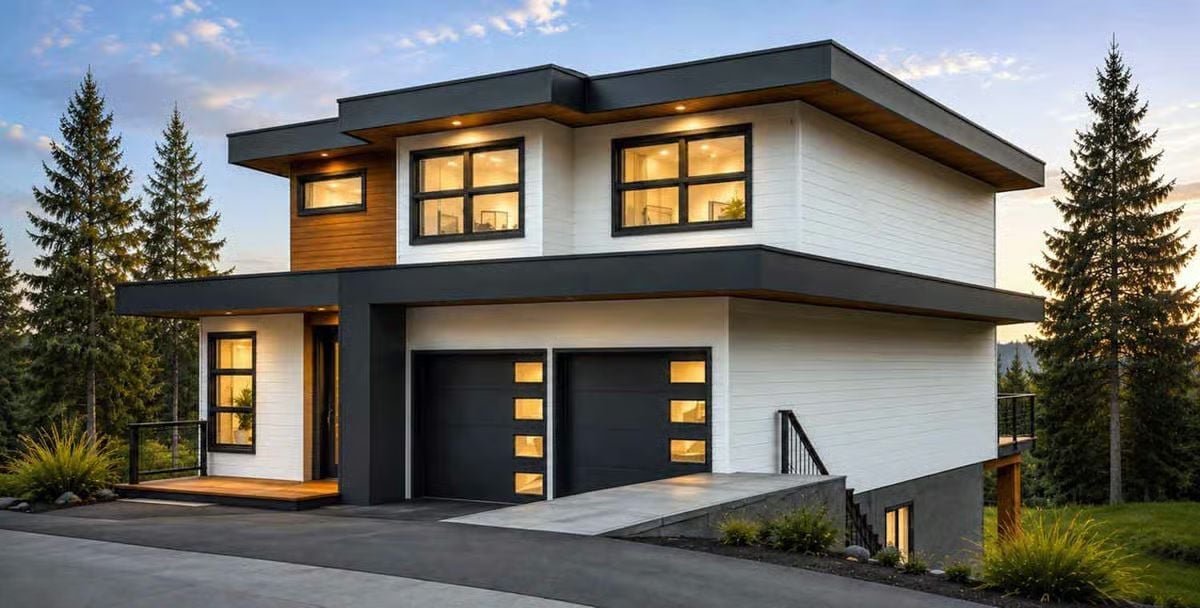 Dark Garage Doors and Warm Wood Trim Pull the Whole Facade Together