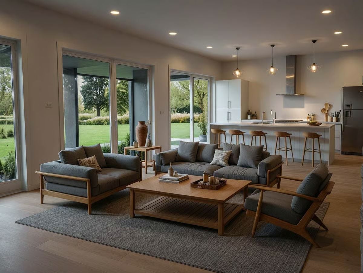 Gray Upholstery and Warm Wood Frames Pull This Open Plan Together Without Trying Too Hard
