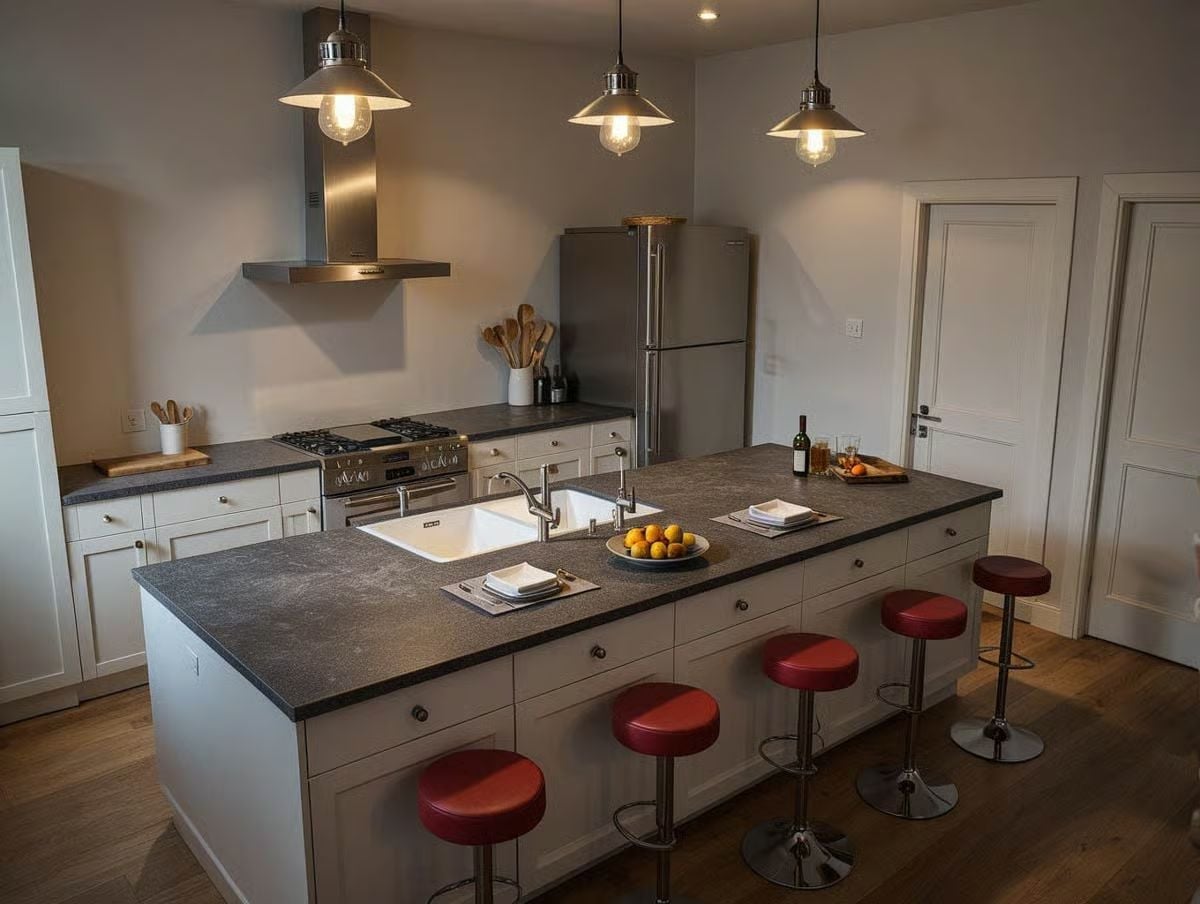Red Stools Against Dark Honed Countertops Do a Lot of Heavy Lifting Here