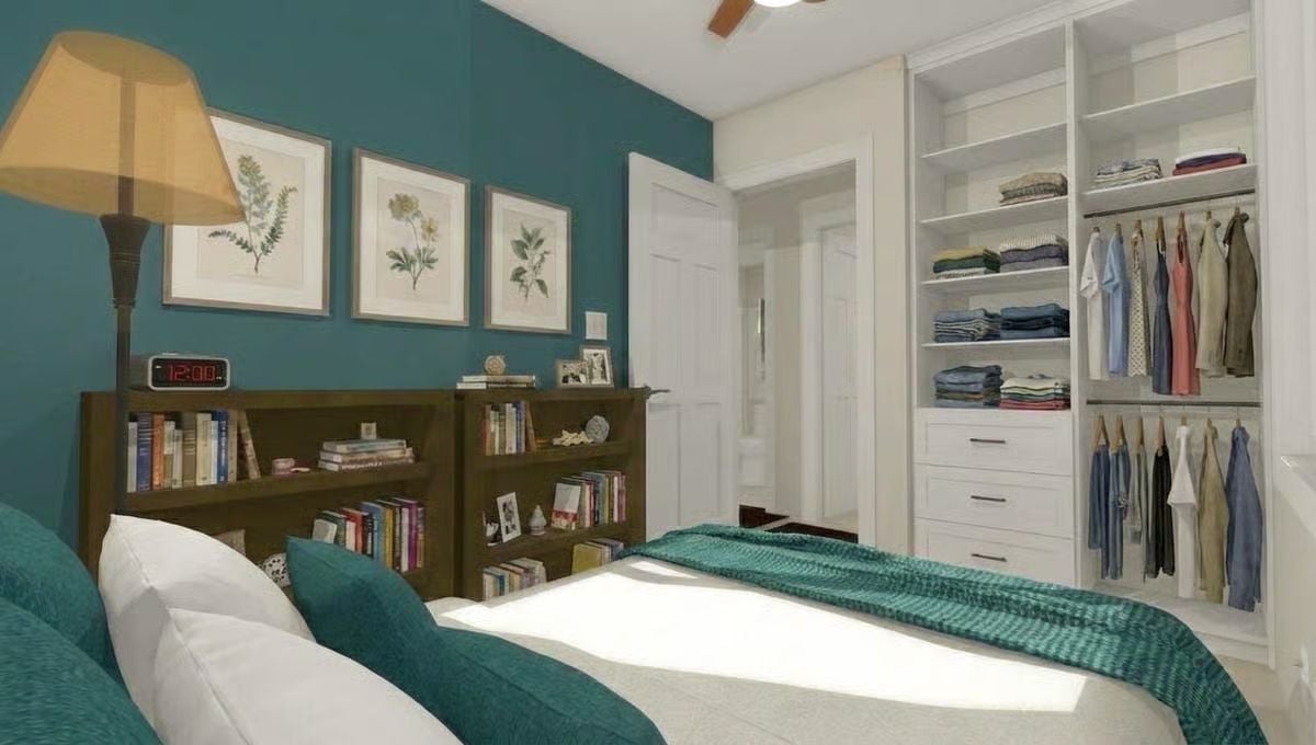 Bookcase Headboard, Teal Accent Wall, and a Closet System Worth Copying