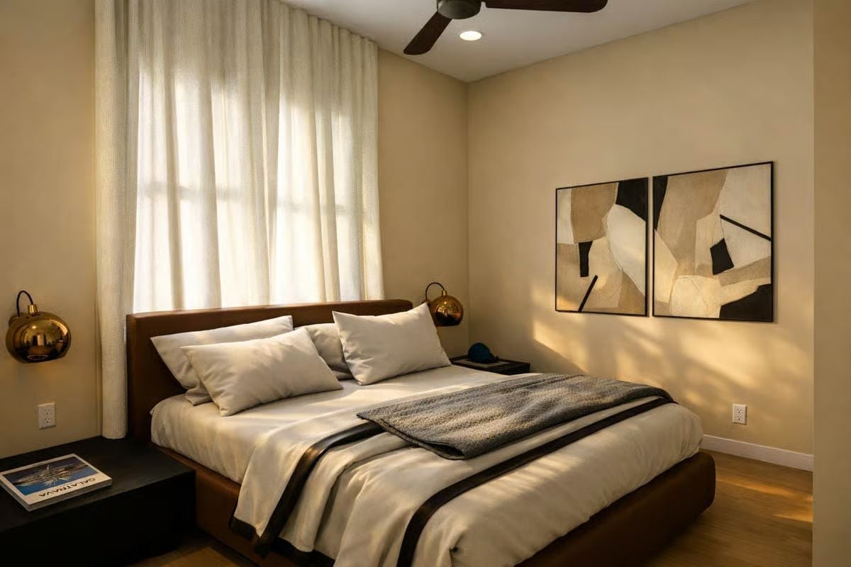 Brass Wall Sconces and a Leather Headboard That Earn Their Keep