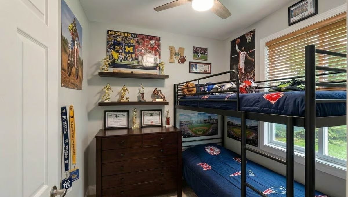 Bunk Beds, Boston Red Sox Bedding, and a Trophy Shelf That Tells You Everything
