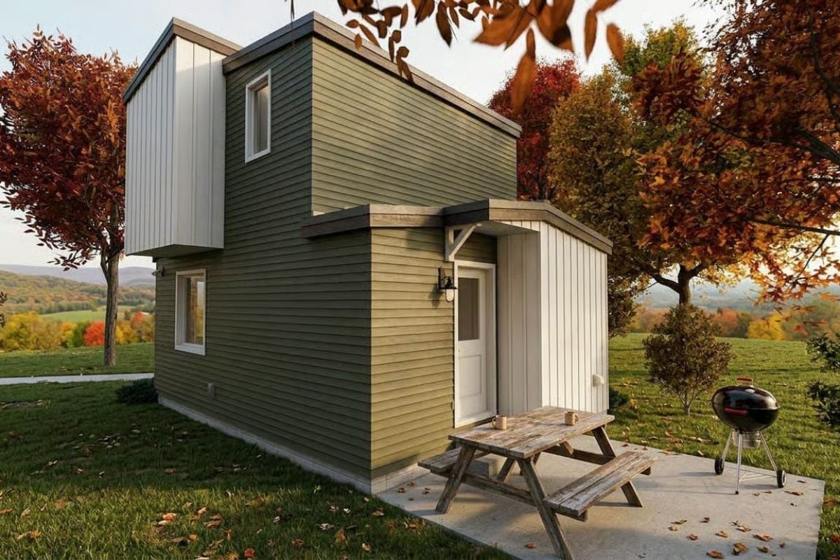 Olive Green Siding and a Cantilevered Second Story Built for Fall Weekends