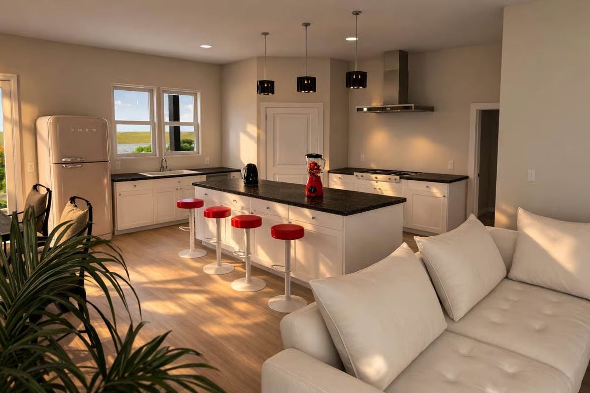 Red Stools, Black Granite, and a Retro Fridge Worth the Splurge