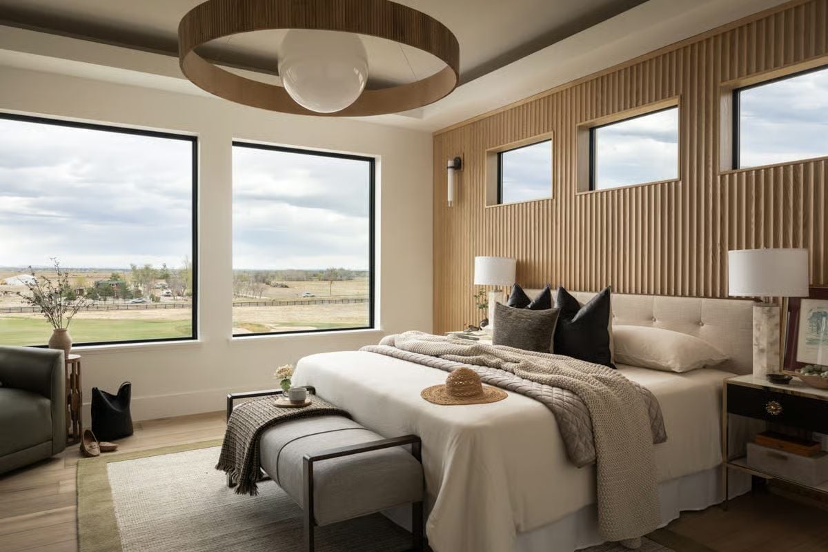 Slatted Oak Headboard Wall and Wide Prairie Views from Every Corner