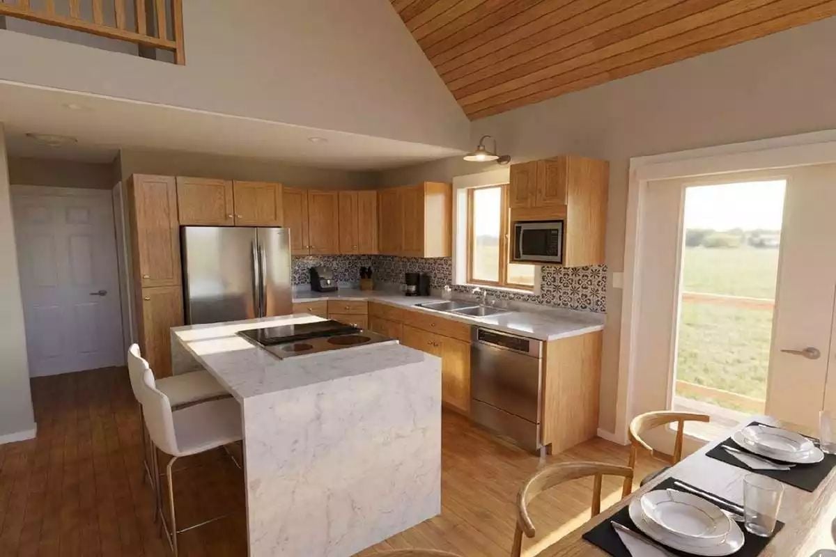 Marble Island, Oak Cabinets, and a View That Does All the Work