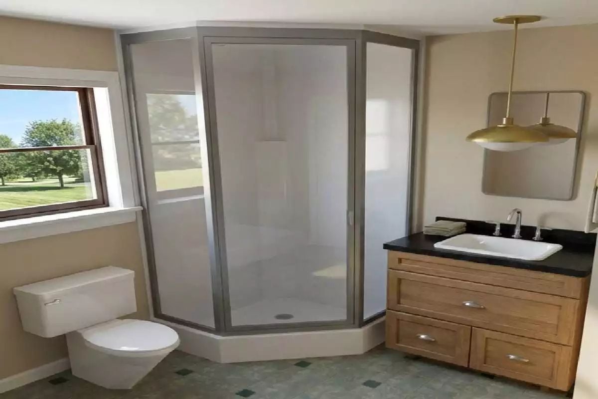 Neo-Angle Shower and a Brass Pendant That Punch Above This Bathroom's Size