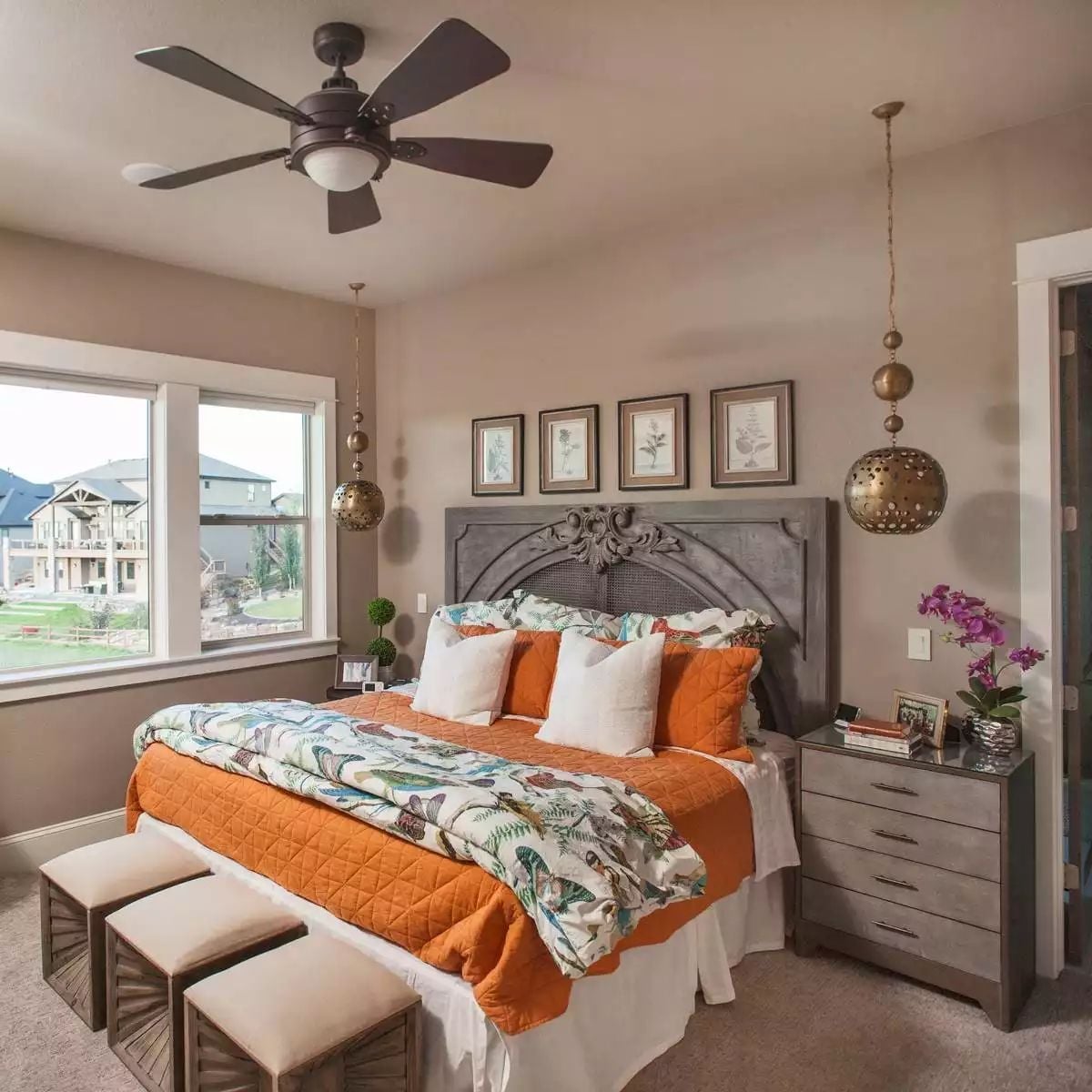 Ornate Carved Headboard Sets the Tone Before You Notice Anything Else
