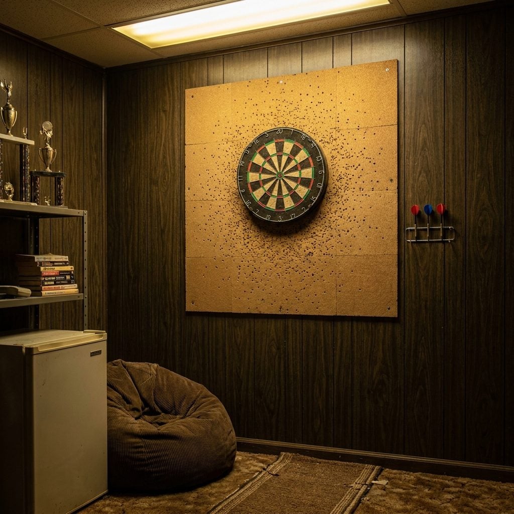 The Dartboard on a Square of Cork Tile Screwed Directly Into the Paneling