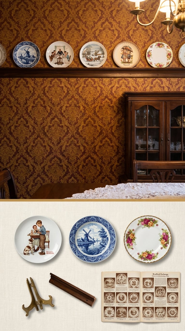 Decorative Collector Plates Lined Up on a Plate Rail Like a Tiny Museum
