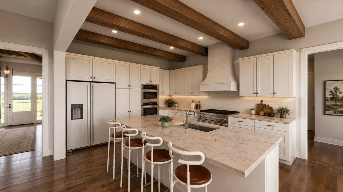 Beamed Ceiling, Marble Island, and Barstools Worth Sitting In
