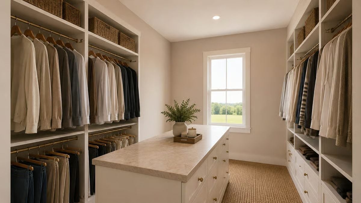 Brass Rods, Woven Baskets, and a Closet Island That Pulls Its Weight