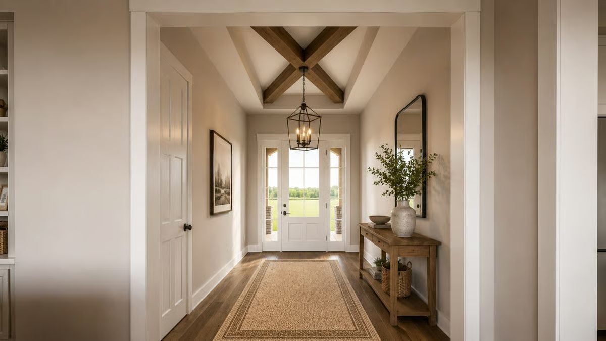 Crossed Beams, Lantern Light, and an Entryway That Sets the Tone Early