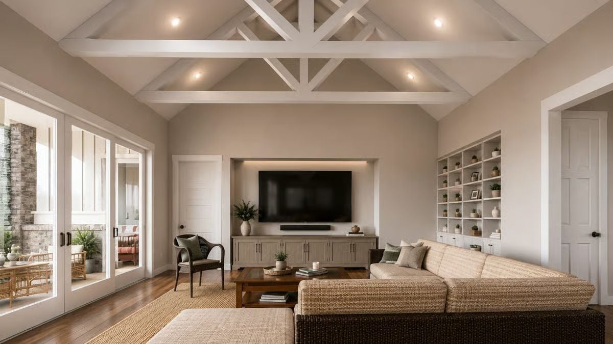 Scissor Trusses, Built-Ins, and a Sofa You Won't Want to Leave