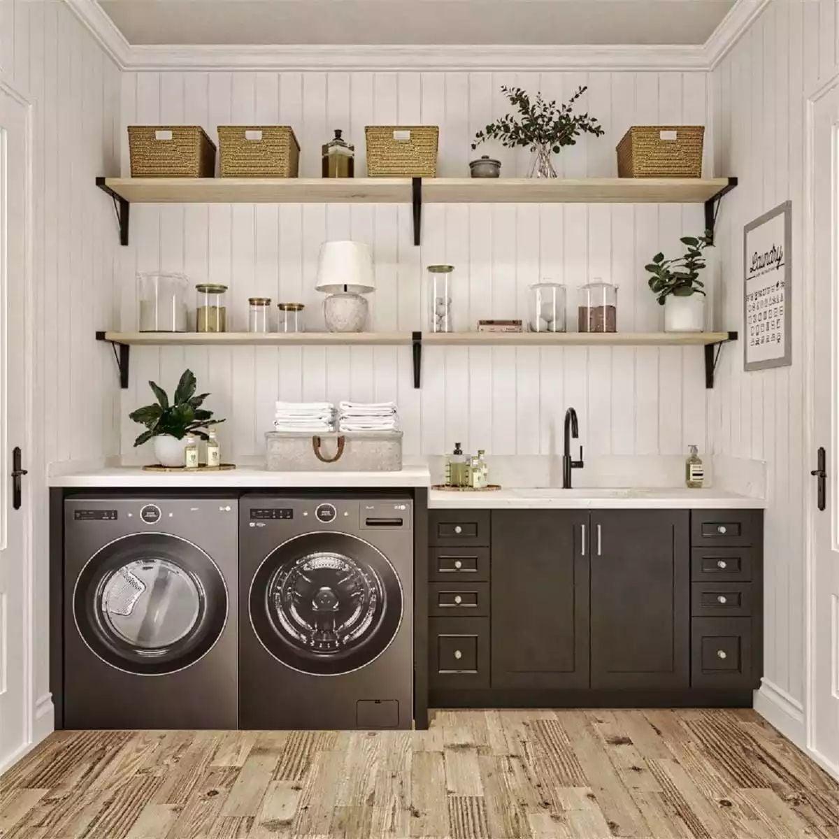 Open Shelving and Dark Cabinetry Make This Laundry Room Actually Worth Spending Time In