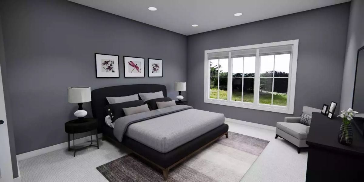 Slate Walls and a Low-Profile Bed Frame Pull This Primary Bedroom Toward Modern