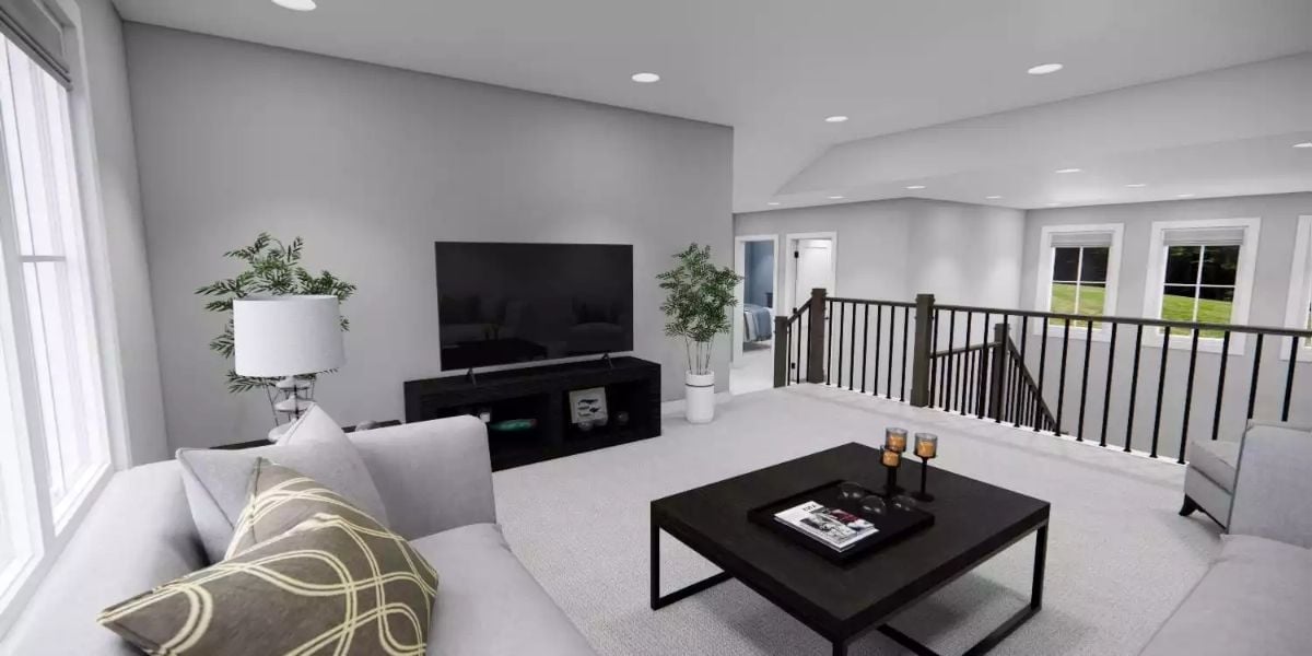 Upstairs Loft with Stair Rail View Gives Family Spaces Room to Breathe