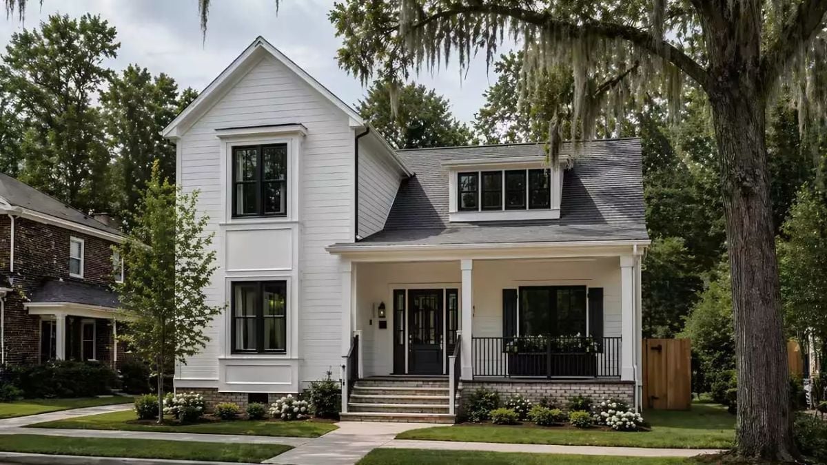 White Shiplap and Black Windows on a Street Where the Oak Trees Win Every Time