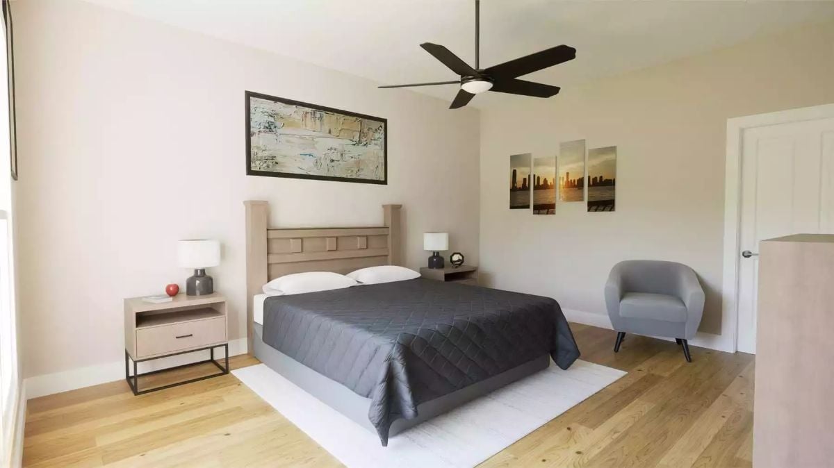 Quilted Charcoal Bedding, Warm Oak Floors, and a Fan That Actually Fits the Ceiling