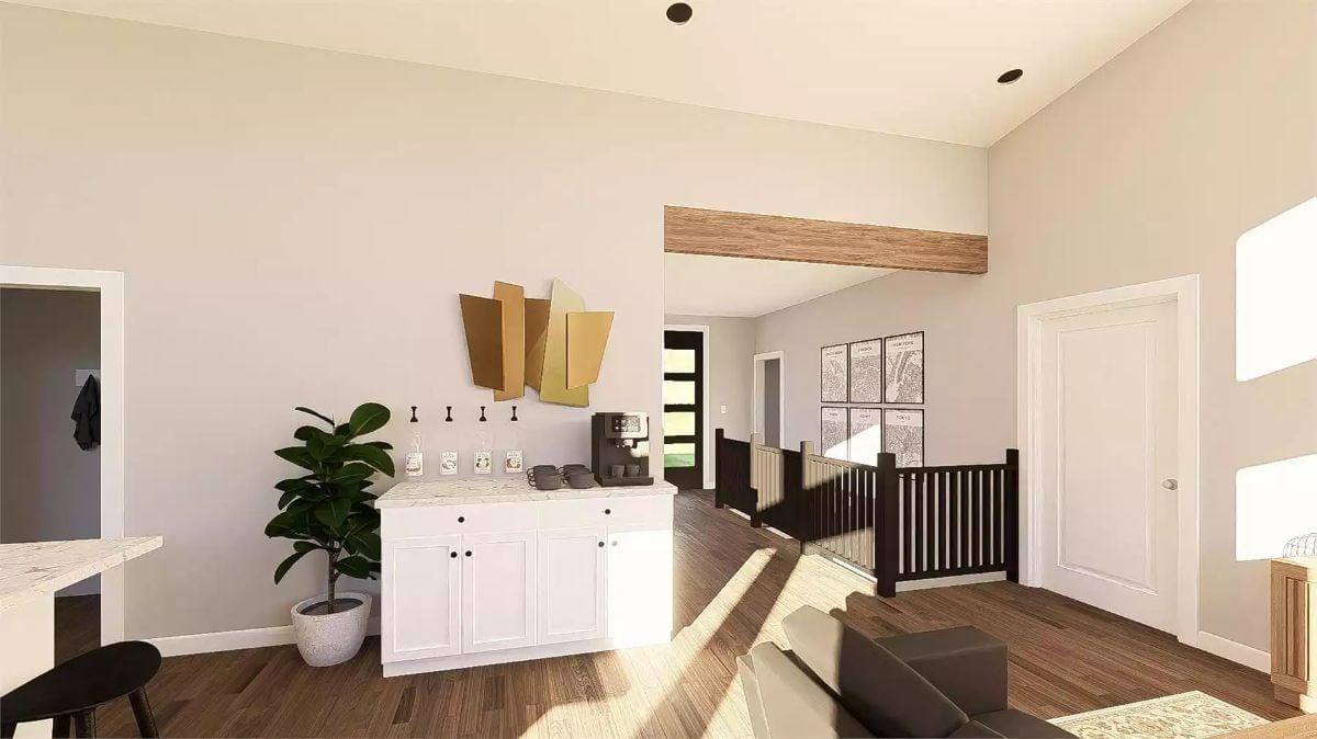 Coffee Bar With Marble Countertop and Gold Wall Art Pulls Double Duty on the Upper Level