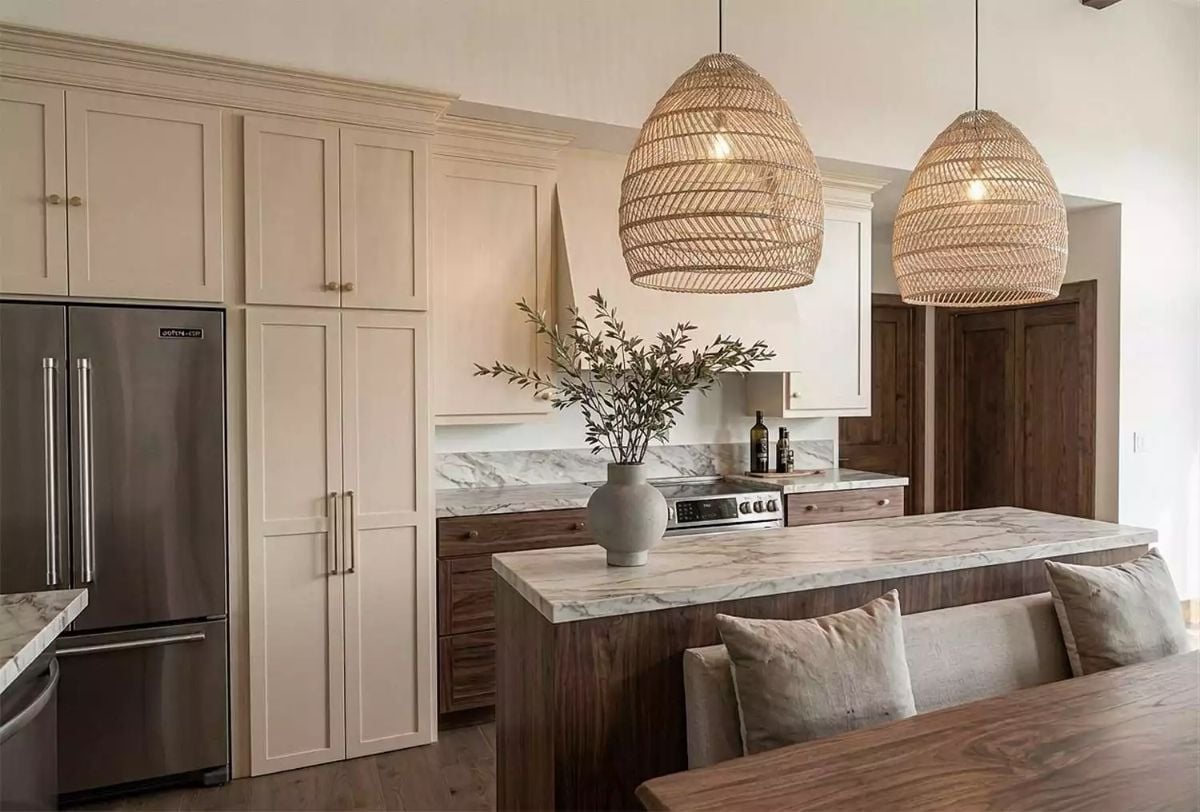 Woven Pendants and Walnut Cabinetry Make This Kitchen Feel Like a Resort
