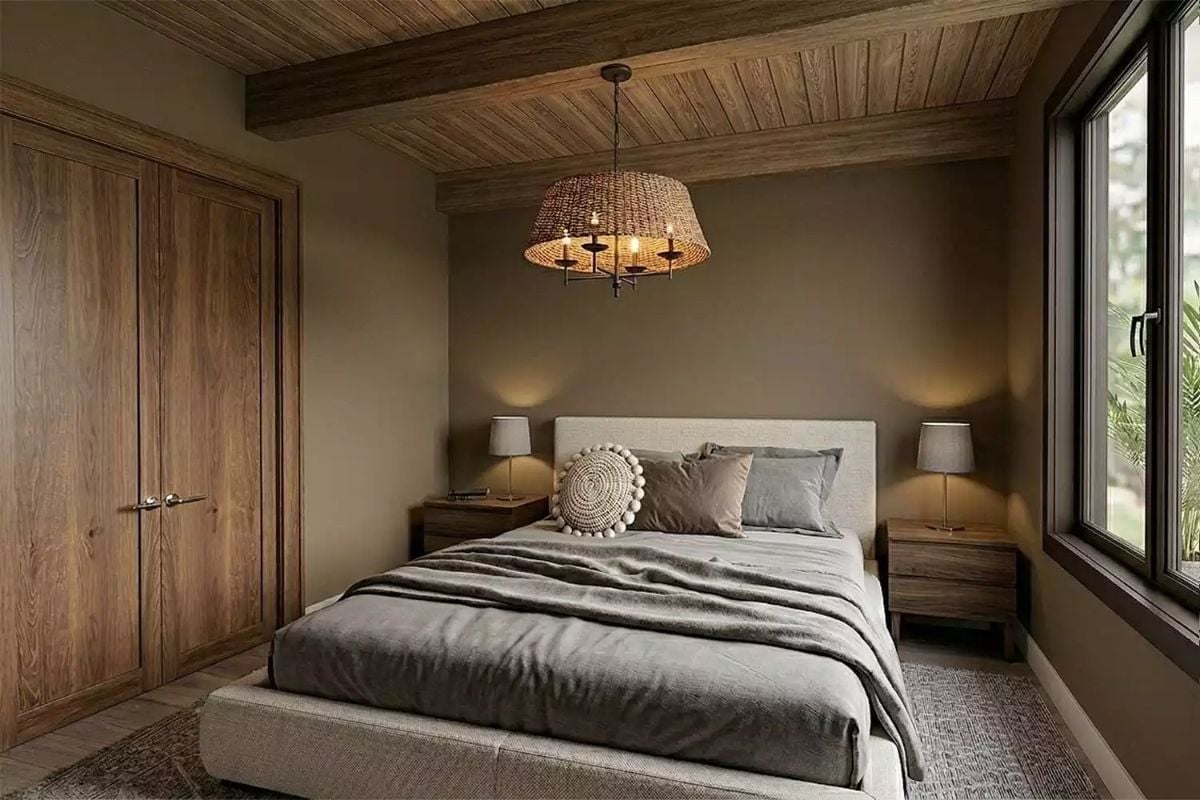 Woven Rattan and Reclaimed Wood Beams Give This Bedroom Its Quiet Warmth