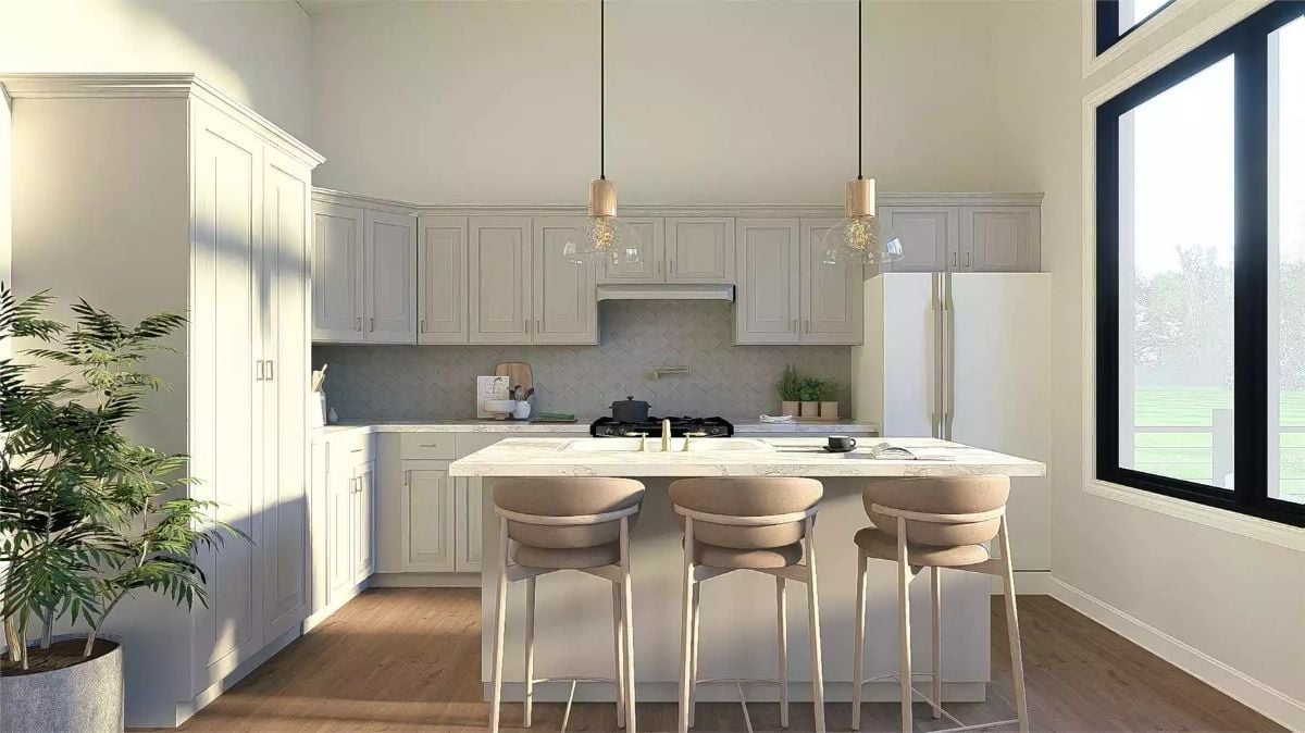 Marble Island, Warm Pendants, and Barstools That Actually Look Comfortable