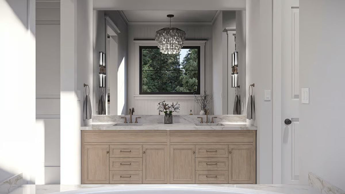 Capiz Chandelier and Reeded Cabinetry Pull This Double Vanity Together